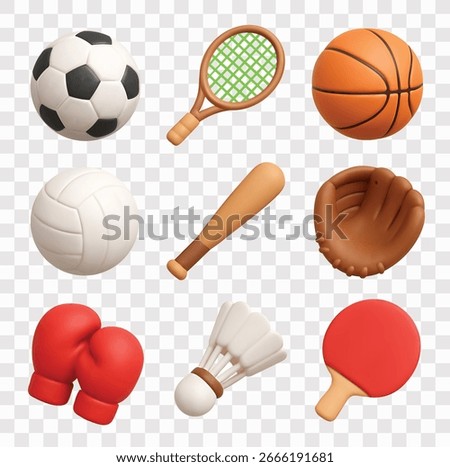 Sport Equipment Vector Icon Set | 3D icon set | Soccer ball, tennis racket, basketball, volleyball, baseball bat, baseball glove, boxing gloves, shuttlecock, table tennis paddle