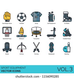 Sport equipment vector icons. Goalkeeper glove, jersey, golf, ice skates, basketball hoop, windsurf, trampoline, treadmill, football shoes, kendo, archery, fencing, skateboard, bowling.