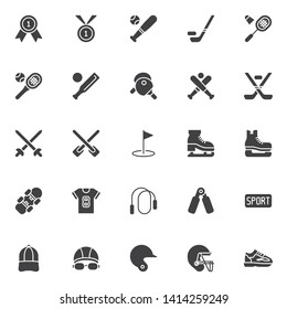 Sport equipment vector icons set, modern solid symbol collection, filled style pictogram pack. Signs, logo illustration. Set includes icons as First place award medal, Baseball bat ball, Hockey Stick
