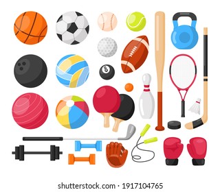 Sport equipment. Vector icons set of sport inventory with balls for volleyball, baseball, football game and tennis, golf ball, billiard, racket, bowling. Fitness  gym tools. Team game - Shutterstock ID 1917104765