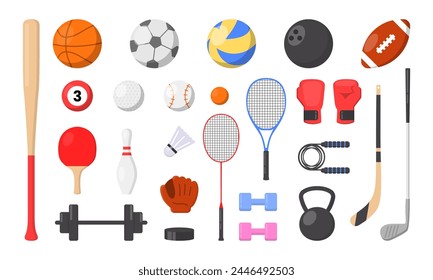 Sport equipment. Vector icons set of sport inventory with balls for volleyball, baseball, football game and tennis, golf ball, billiard, racket, bowling. Fitness gym tools. Team game