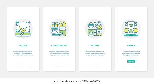 Sport equipment vector illustration. UX, UI onboarding mobile app page screen set with line sportswear and sportsman head safety protective helmet to protect health, water bottle, prize award bowl