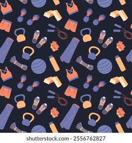 Sport equipment vector seamless pattern. Gym workout tools and activewear repeated design on dark background. Yoga mat, kettlebell, dumbbell, resistance band. Yoga, pilates and home exercise concept