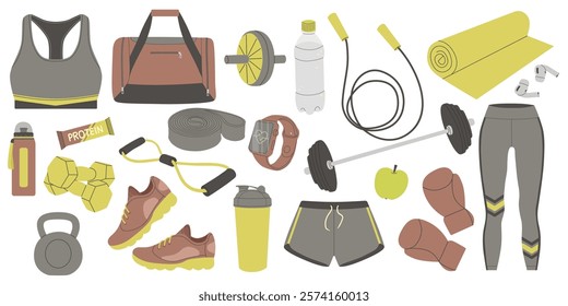 Sport equipment for women. Fitness set. Sportswear, sport watch, sneakers, dumbbells, jump ropes, mat