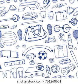 Sport equipment.Hand drawn doodles pattern background.Vector illustration. Fitness and sport sign and symbol elements. Healty kit