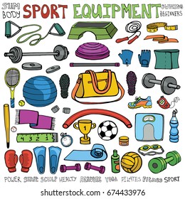Sport equipment.Hand drawn doodles .Vector illustration set of fitness and sport sign and symbol elements. Aerobic,swimming,healty kit