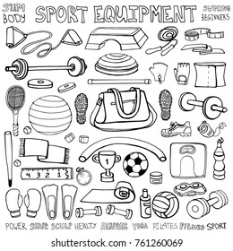 Sport equipment.Hand drawn linear doodles .Vector illustration set of fitness and sport sign and symbol elements. Aerobic,swimming,healty kit