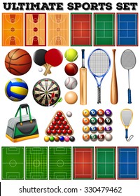 Sport equipments and courts illustration