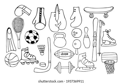 Sport equipments doodle icons collection. Hand drawn sport equipments icons collection. Set of sport equipments illustration