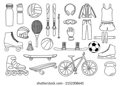 Sport equipments doodle icons collection. Hand drawn sport equipments icons collection. Set of sport equipments illustration