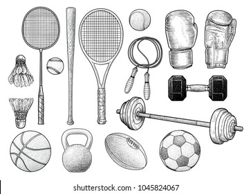 Sport equipments illustration, drawing, engraving, ink, line art, vector