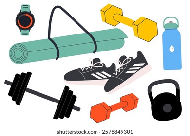 Sport equipments set. Workout accessory, yoga mat, sportswear and bag. Modern isolated vector illustration.