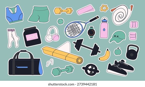 Sport equipments sticker set. Workout accessory, yoga mat, sportswear, tennis racket and bag. Hand drawn vector illustration.