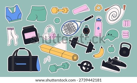 Sport equipments sticker set. Workout accessory, yoga mat, sportswear, tennis racket and bag. Hand drawn vector illustration.