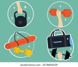 Sport equipments stickers. Workout accessory, yoga mat, weights and bag. Modern isolated vector illustration.