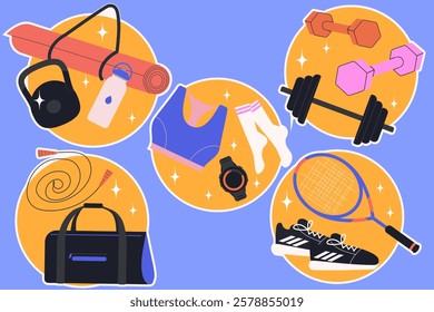 Sport equipments stickers. Workout accessory, yoga mat, weights, tennis racket and bag. Modern isolated vector illustration.