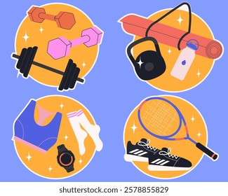 Sport equipments stickers. Workout accessory, yoga mat, weights, tennis racket and bag. Modern isolated vector illustration.