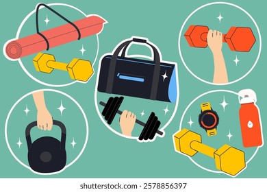 Sport equipments stickers. Workout accessory, yoga mat, weights and bag. Modern isolated vector illustration.