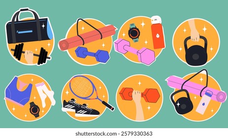 Sport equipments stickers. Workout accessory, yoga mat, weights and bag. Modern isolated vector illustration.