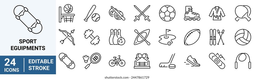 Sport Equipments web line icons. Fitness and Sport. Soccer, Bicycle, Hobby,