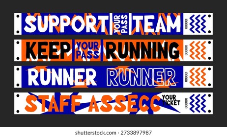 Sport event access bracelets for runners, crew, and fans at marathons, city runs, and athletic tournaments. Vector cartoon layout of a dynamic wristband in a colorful doodle futuristic style
