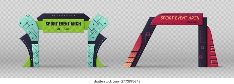 Sport event arch mockup set isolated on transparent background. Vector realistic illustration of color marathon gate with space for branding, start or finish banner design, welcome frame