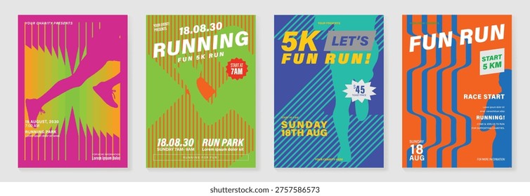 Sport event and fun run poster set vector with bright neon colors, geometric stripes, runner silhouettes, and bold typography. Dynamic advertising design for race promotion, charity events, and fitness campaigns.