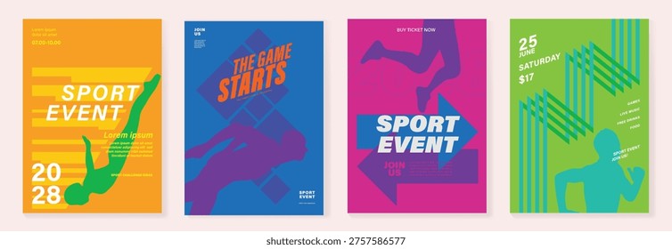 Sport event and fun run poster set vector with bright neon colors, geometric stripes, runner silhouettes, and bold typography. Dynamic advertising design for race promotion, charity events, and fitness campaigns.