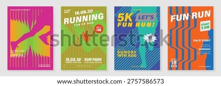 Sport event and fun run poster set vector with bright neon colors, geometric stripes, runner silhouettes, and bold typography. Dynamic advertising design for race promotion, charity events, and fitness campaigns.