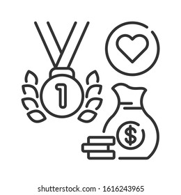 Sport event line black icon. Sponsorship. Medal and bag money vector pictogram. Charity and volunteering symbol. Button for web page, mobile app. UI UX user interface. Editable stroke.