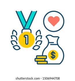 Sport Event Line Color Icon. Sponsorship. Medal And Bag Money Vector Pictogram. Charity And Volunteering Symbol. Button For Web Page, Mobile App. UI/UX User Interface. Editable Stroke.