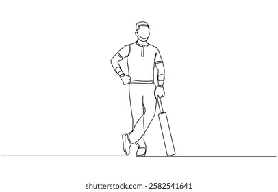 Sport event one continuous line drawing of cricket player, Young man cricket player stance standing to receive the ball from pitcher vector illustration.