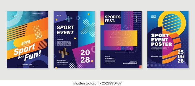 Sport event poster design background vector set. Sport cover template with vibrant abstract gradient geometric shape and dot halftone. Ideal design for social media, flyer, promotion, card.
