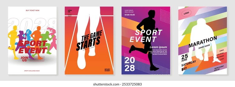 Conjunto de Vector de fondo de diseño de póster de evento deportivo. Plantilla de la cubierta del deporte del running con la forma geométrica abstracta vibrante del gradiente y la gente que corre. Diseño ideal para redes sociales, flyer, promoción, tarjeta.