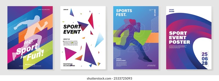 Conjunto de vetor de fundo de design de cartaz de evento esportivo. Modelo de capa esportiva de corrida com forma geométrica de gradiente abstrato vibrante e pessoas correndo. Design ideal para mídias sociais, folheto, promoção, cartão.