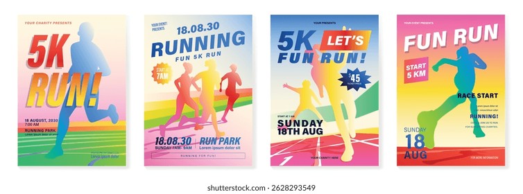 Sport event poster design background vector set. Running sport cover template with vibrant abstract gradient geometric shape and people running. Ideal design for social media, flyer, promotion, card.