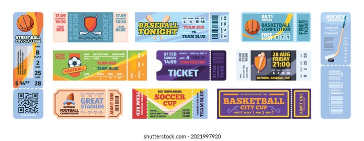 Sport Event Tickets. Flyer Invitation For Action Sport Games Baseball Football Hockey Garish Vector Tickets Design Templates