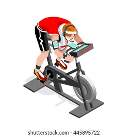 Sport Exercise Bike Bicycle Spinning Fitness Class. 3D Flat Isometric Cartoon Sport Set Gym Working Out Cycling. Indoor Exercise Bike Gym Cycling Fitness Equipment. Vector Icon Equipment Collection