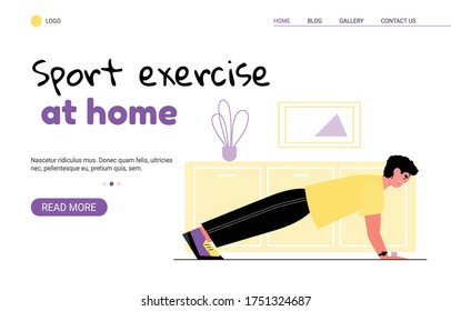 Sport exercise and fitness at home web banner template with man doing sports within doors, cartoon vector illustration. Landing page for workout and training indoors.