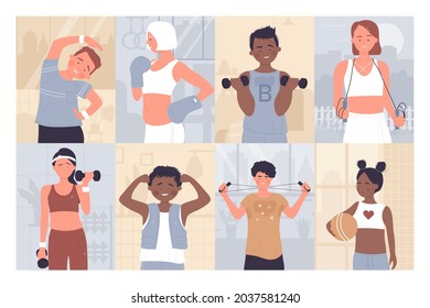 Sport exercise in gym, fitness people set vector illustration. Cartoon active adult woman man characters training, athlete girl boy exercising with dumbbells, ball, healthy sport workout background