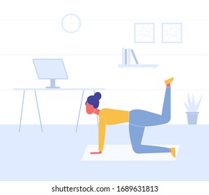 Sport Exercise at Home. Fitness Workout, Yoga Exercise Woman Vector Illustration. Girl Doing Stretching. Sporty Female Model Exercising, Yoga At Home. Keep Calm During Quarantine Concept
