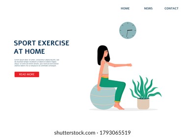 Sport exercise at home and home fitness workout website interface template with cartoon character of woman training on fit ball, flat vector illustration.