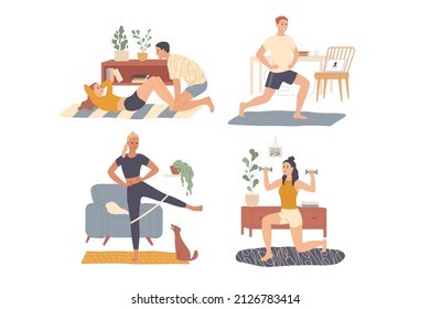 Sport exercise at home. People doing workout indoor. Man, woman performing sports activities, fitness workout.