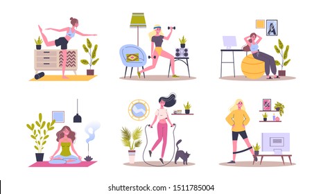 Sport exercise at home set. Woman doing workout indoor. Yoga and fitness, healthy lifestyle. Flat vector illustration