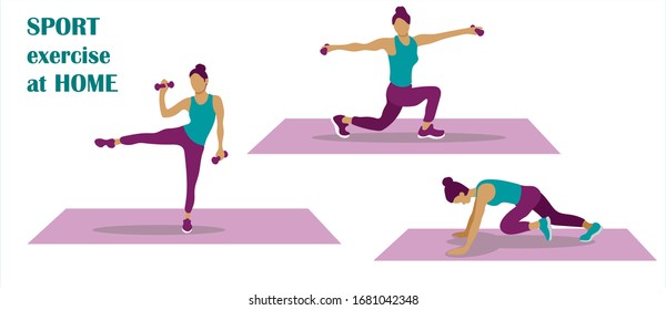 Sport exercise at home. Set Woman doing workout indoor. Yoga and fitness, healthy lifestyle.