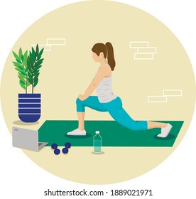 Sport exercise at home set. Woman doing workout indoor. Yoga and fitness, healthy lifestyle. Flat vector illustration