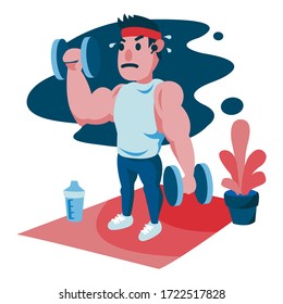 Sport exercise at home set.A man doing workout indoor.training dumbbells. healthy lifestyle. Flat vector illustration.