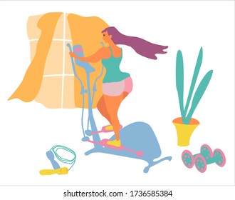 Sport exercise at home with training apparatus.Cute girl jogging at appartment. Hand drawn vector illustration in pastel colors. Flat style interior. Woman doing workout in quarantine.Body positive