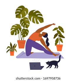 Sport exercise at home. Woman doing workout indoor. Yoga and fitness, healthy lifestyle. Flat vector illustration.