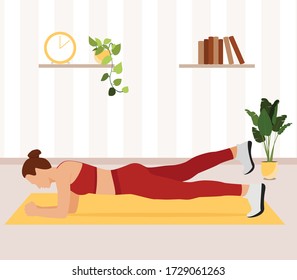 Sport Exercise At Home. Woman Doing Yoga Plank In Living Room.Flat Style,Vector Illustration